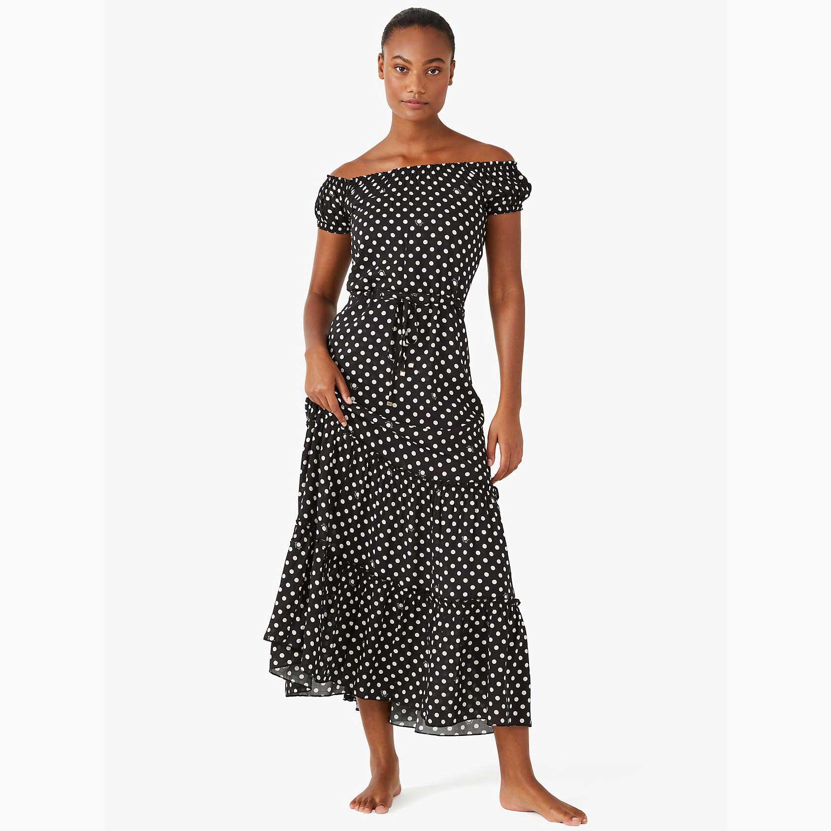 Trajes De Baño Kate Spade Lia Dot Off-the-shoulder Cover-up Maxi Mujer Negros Mexico | 12849-WCBT