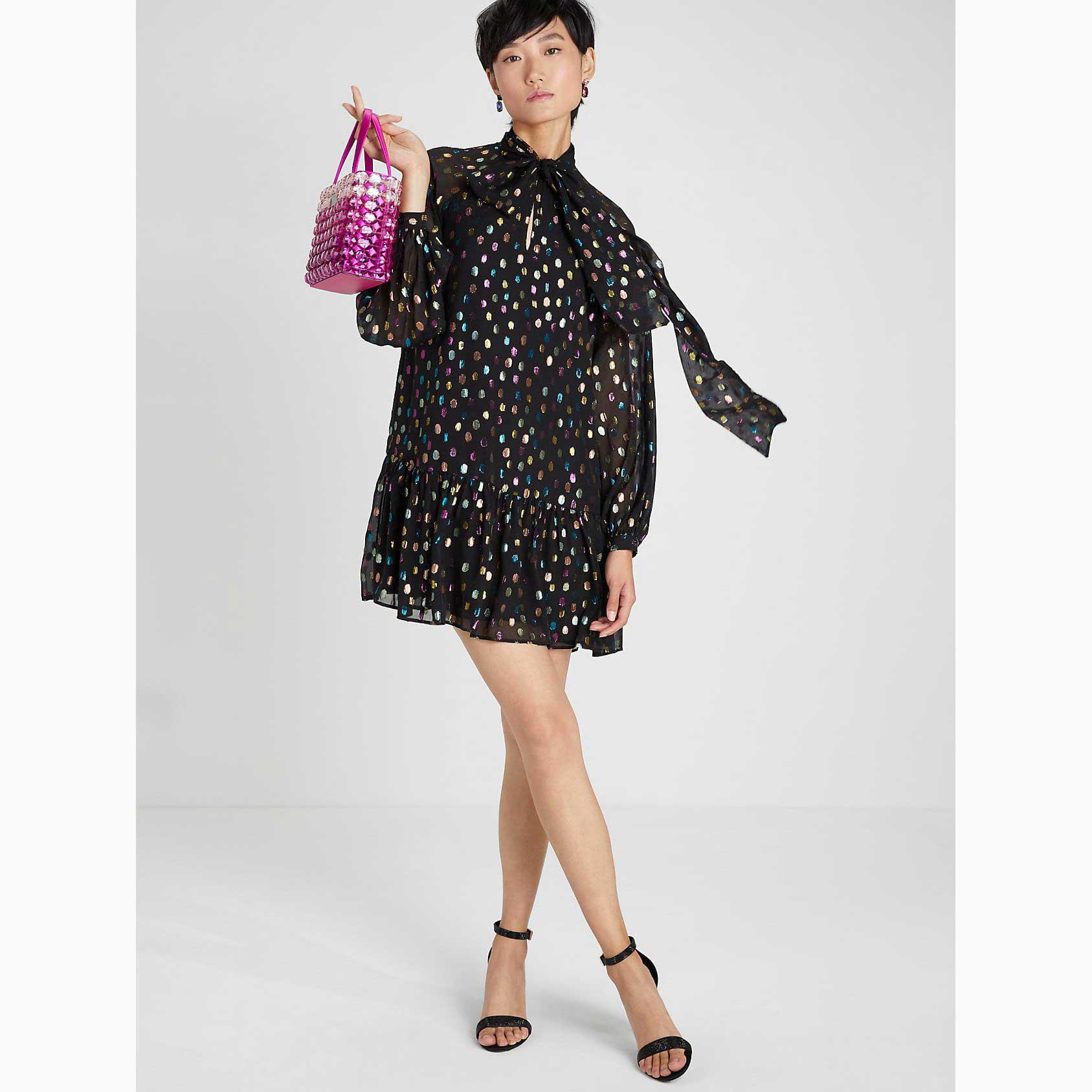 Vestidos Kate Spade Metallic Holiday Dots Tie-neck Shift Mujer Multicolor Mexico | 94627-IQML