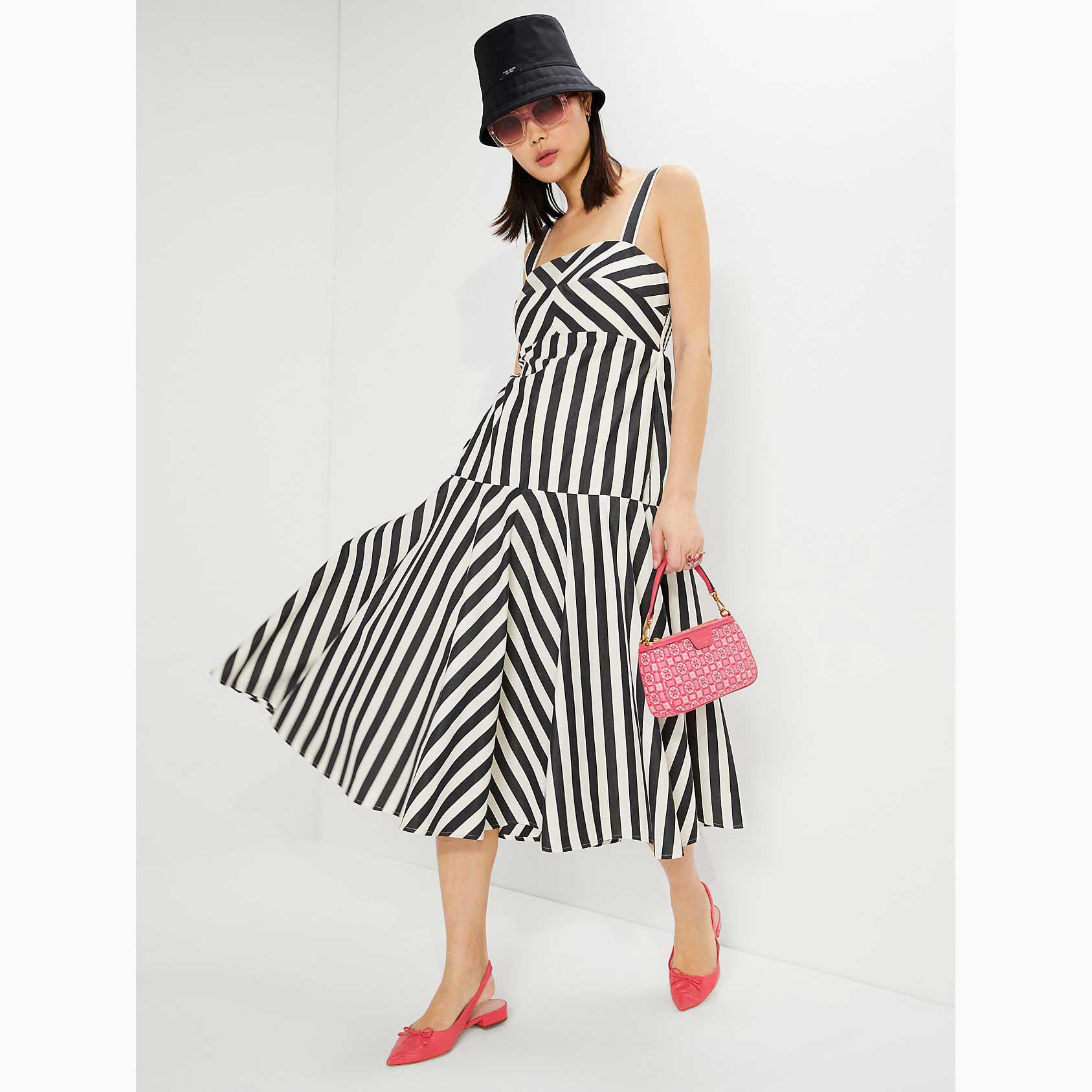 Vestidos Kate Spade Terrace Stripe Midi Mujer Negros Creme Mexico | 90731-XEQC
